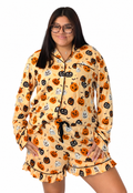 Orange long sleeve ruffle pumpkin face print Two piece lounge set