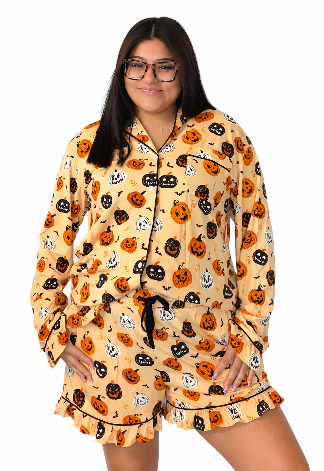 Orange long sleeve ruffle pumpkin face print Two piece lounge set