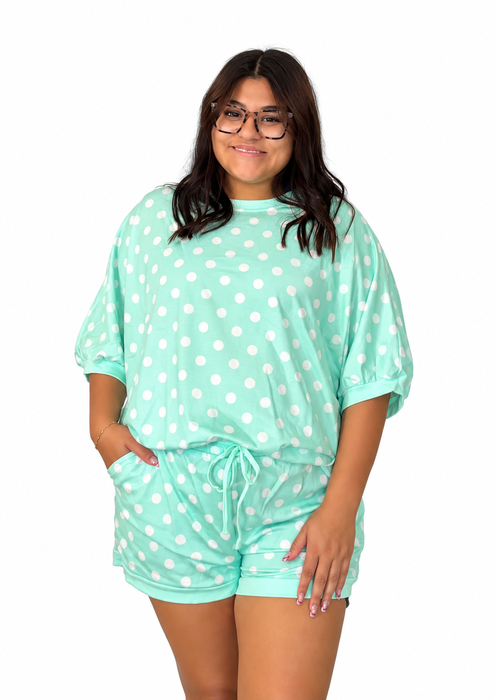 Green polka dot oversized top drawstring short set