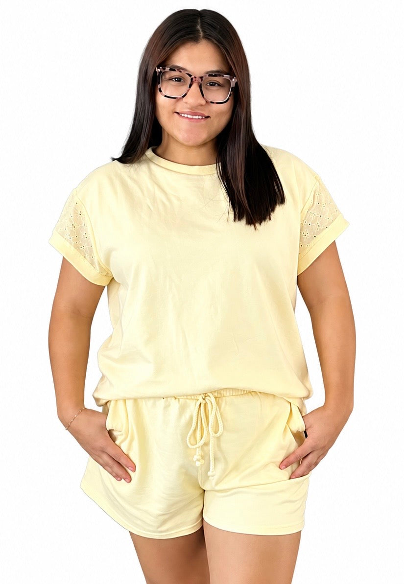 Yellow Lace patchwork sleeves short 2pc outfit