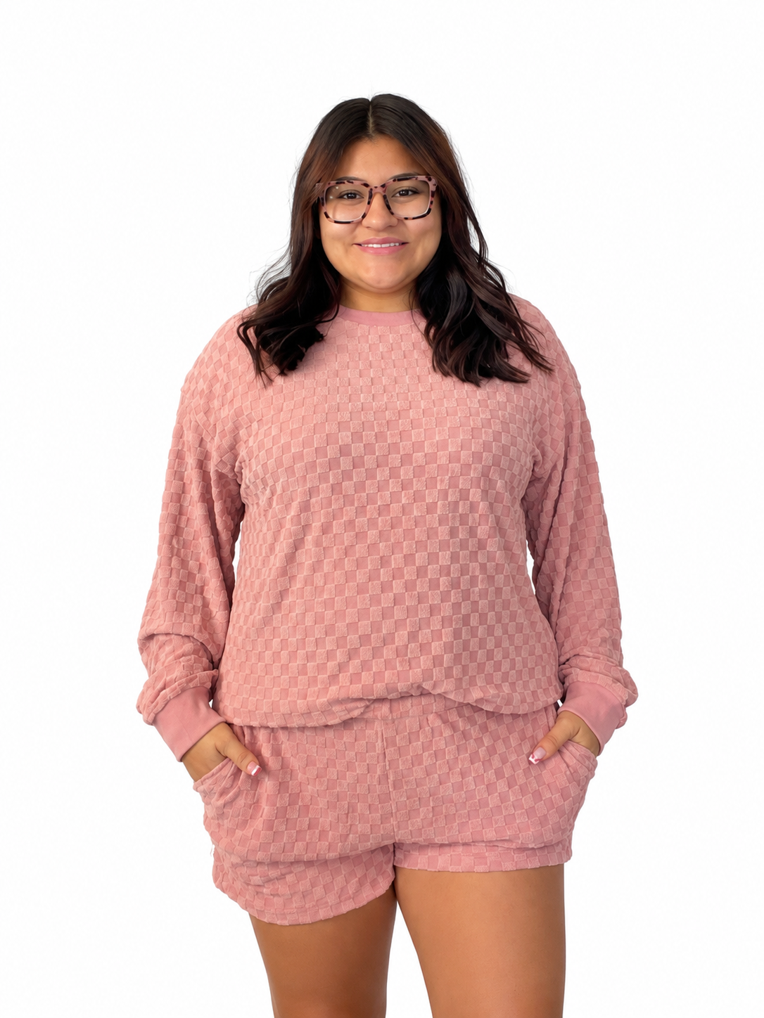 Blossom checkered textured long sleeve top and short set
