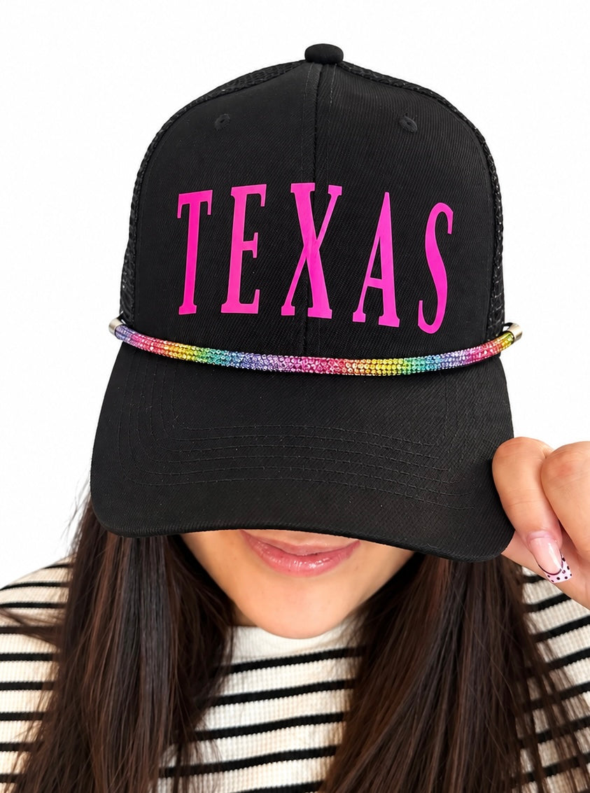 “TEXAS” Vinyl letter trucker hat with rhinestone rope