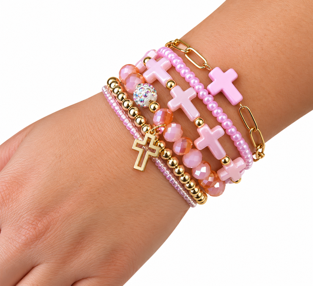 Pink Cross charm mixed beaded bracelet set