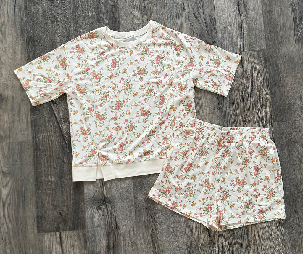 Pink floral print short sleeve elastic waist pocket 2pc set