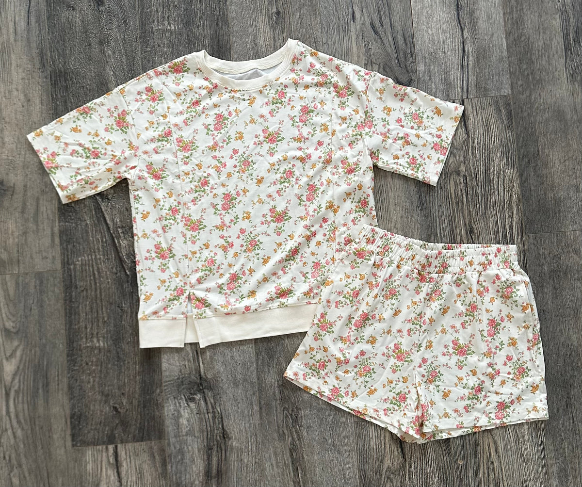 Pink floral print short sleeve elastic waist pocket 2pc set