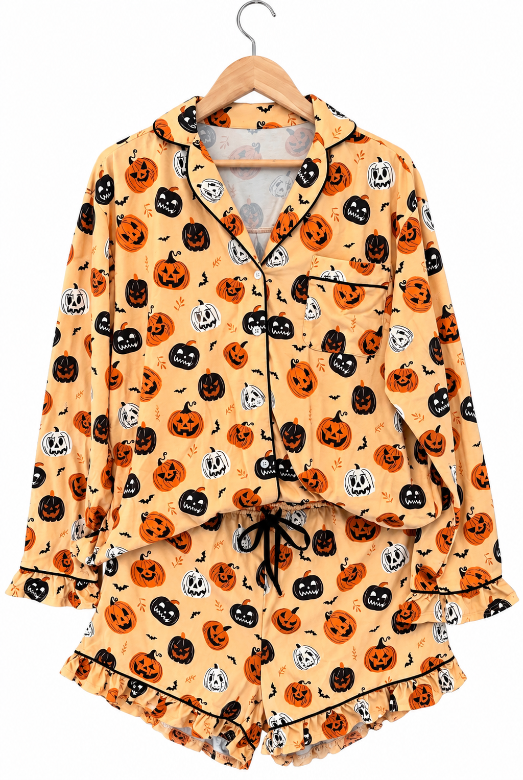 Orange long sleeve ruffle pumpkin face print Two piece lounge set
