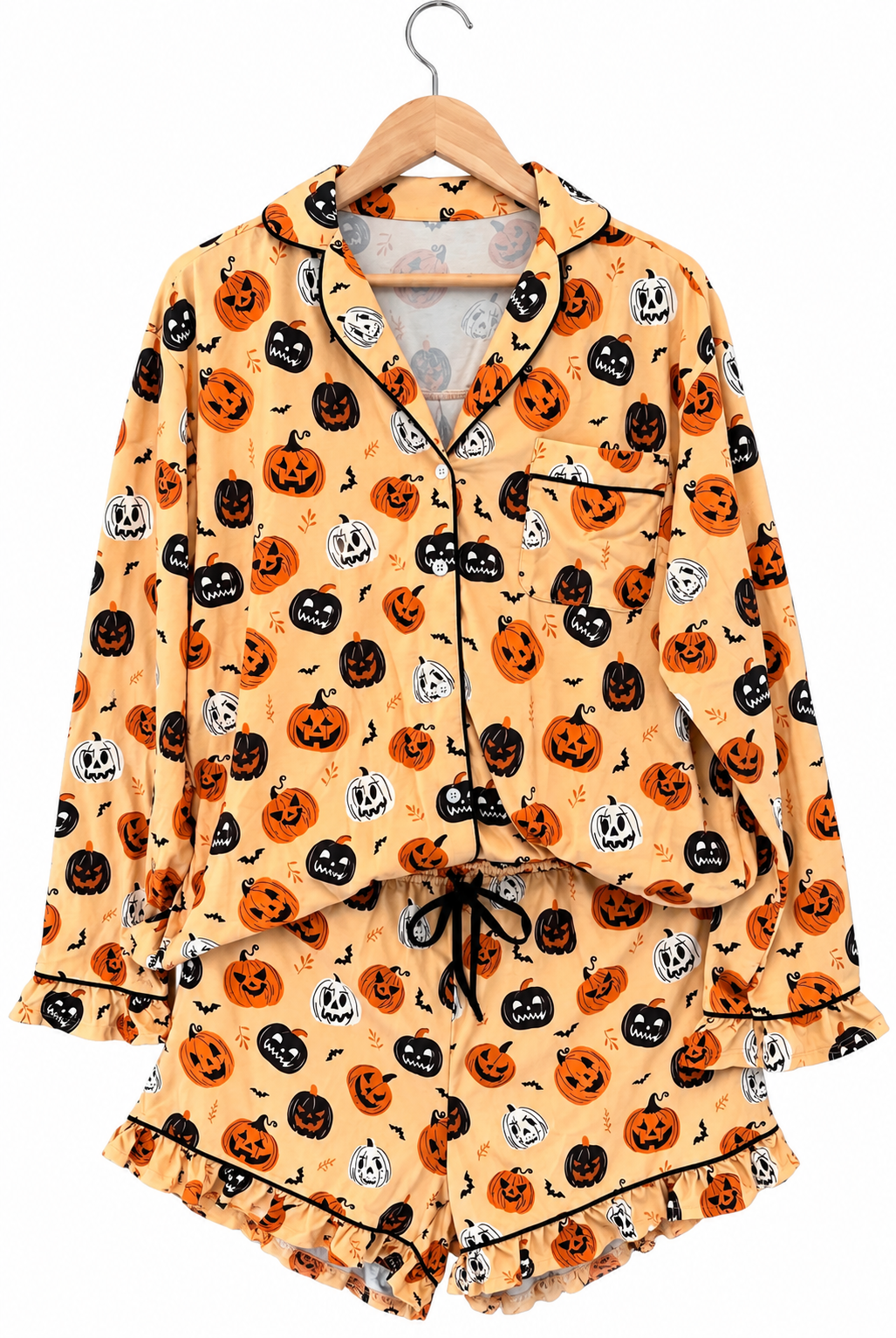 Orange long sleeve ruffle pumpkin face print Two piece lounge set