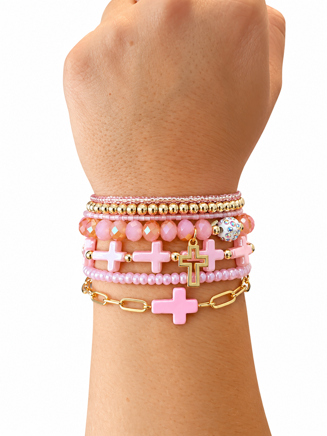Pink Cross charm mixed beaded bracelet set