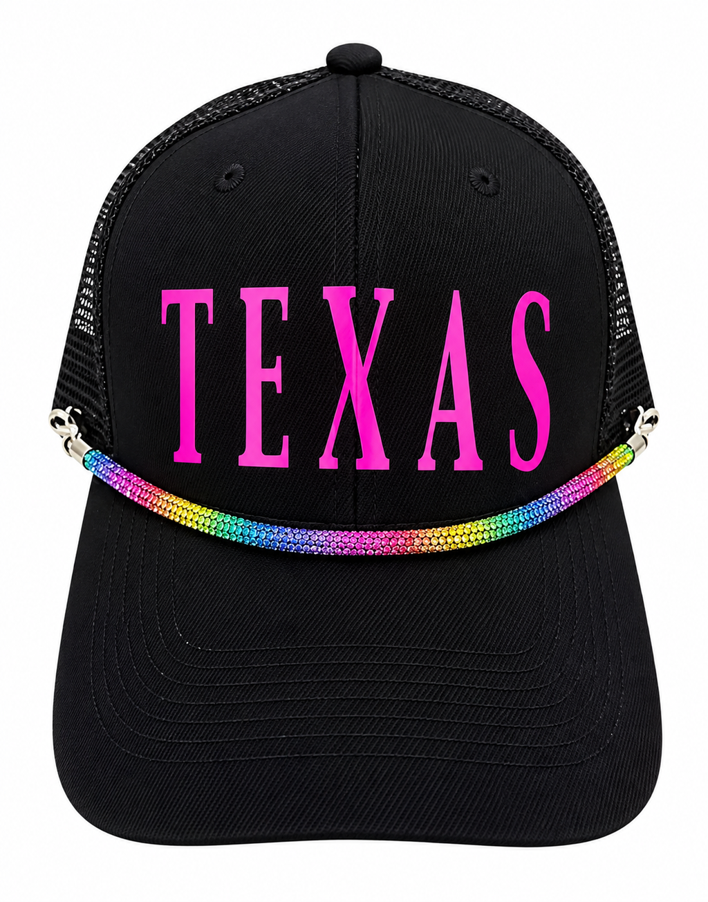“TEXAS” Vinyl letter trucker hat with rhinestone rope
