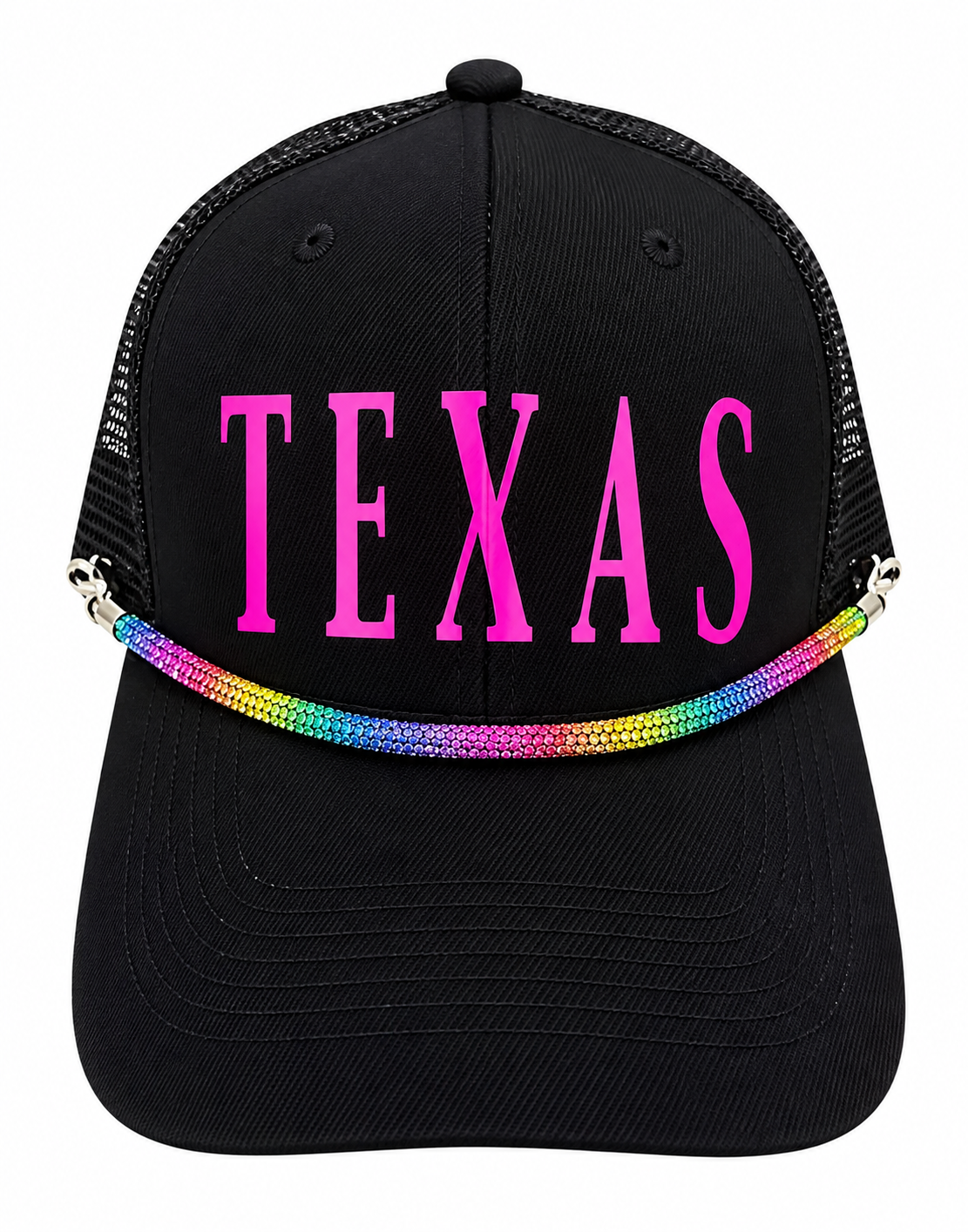 “TEXAS” Vinyl letter trucker hat with rhinestone rope