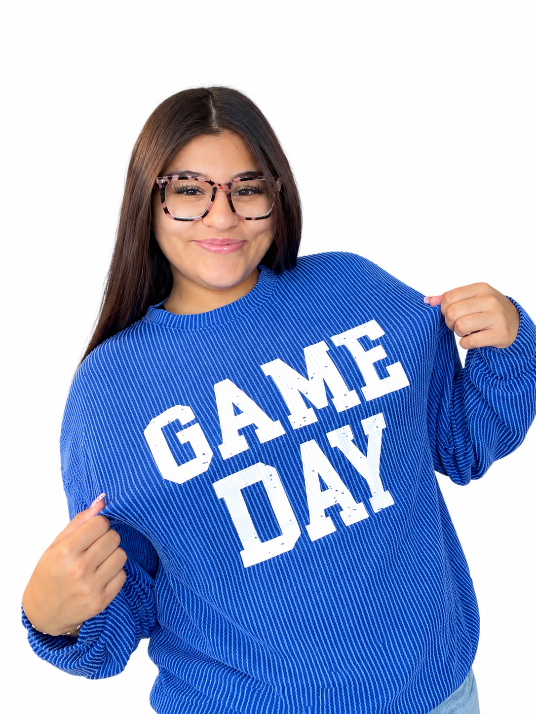 Bluing corded GAME DAY graphic long sleeve crew neck top