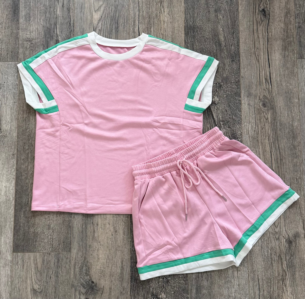 Bonbon striped trim casual tee drawstring shorts 2pc set