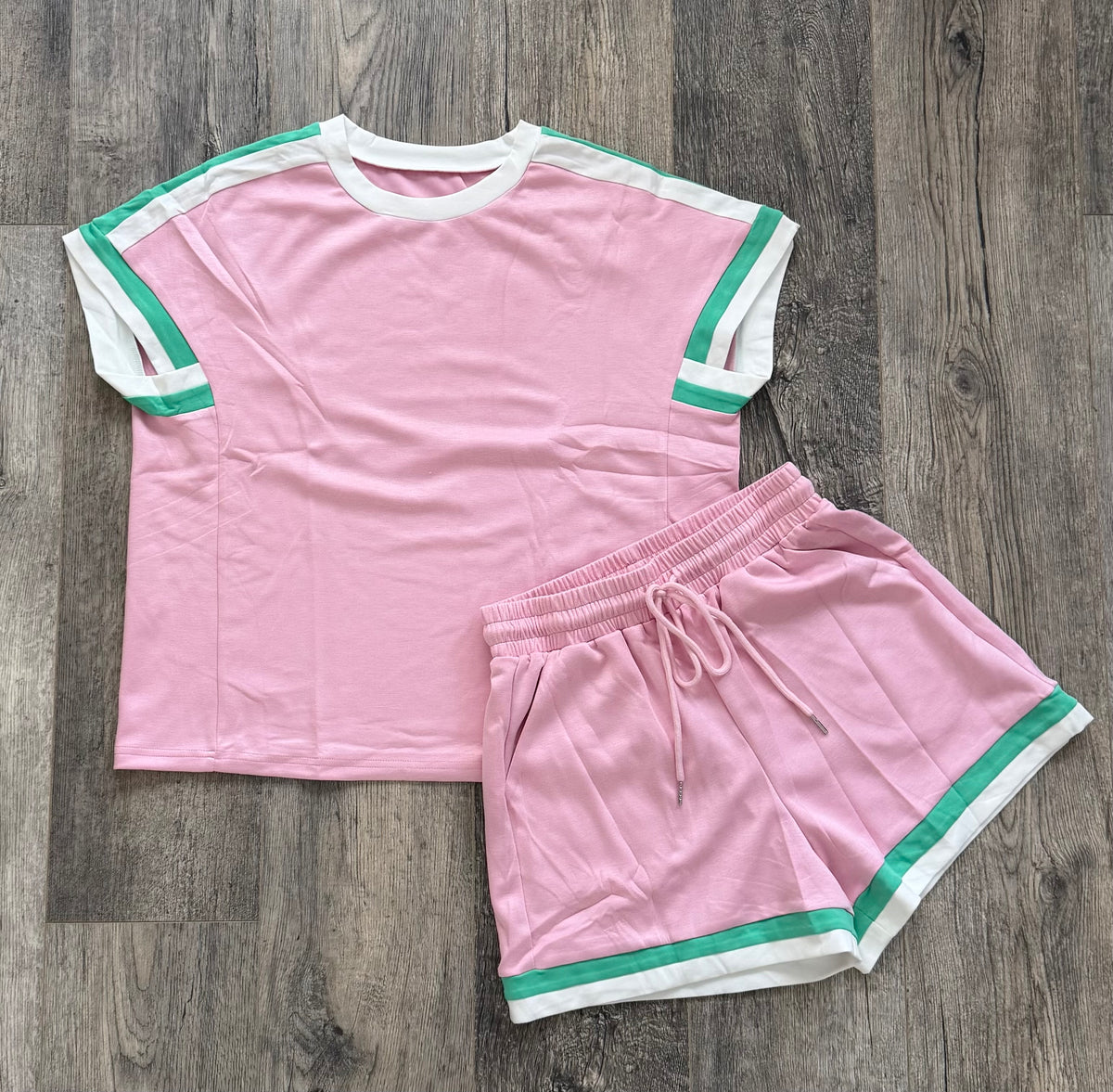 Bonbon striped trim casual tee drawstring shorts 2pc set