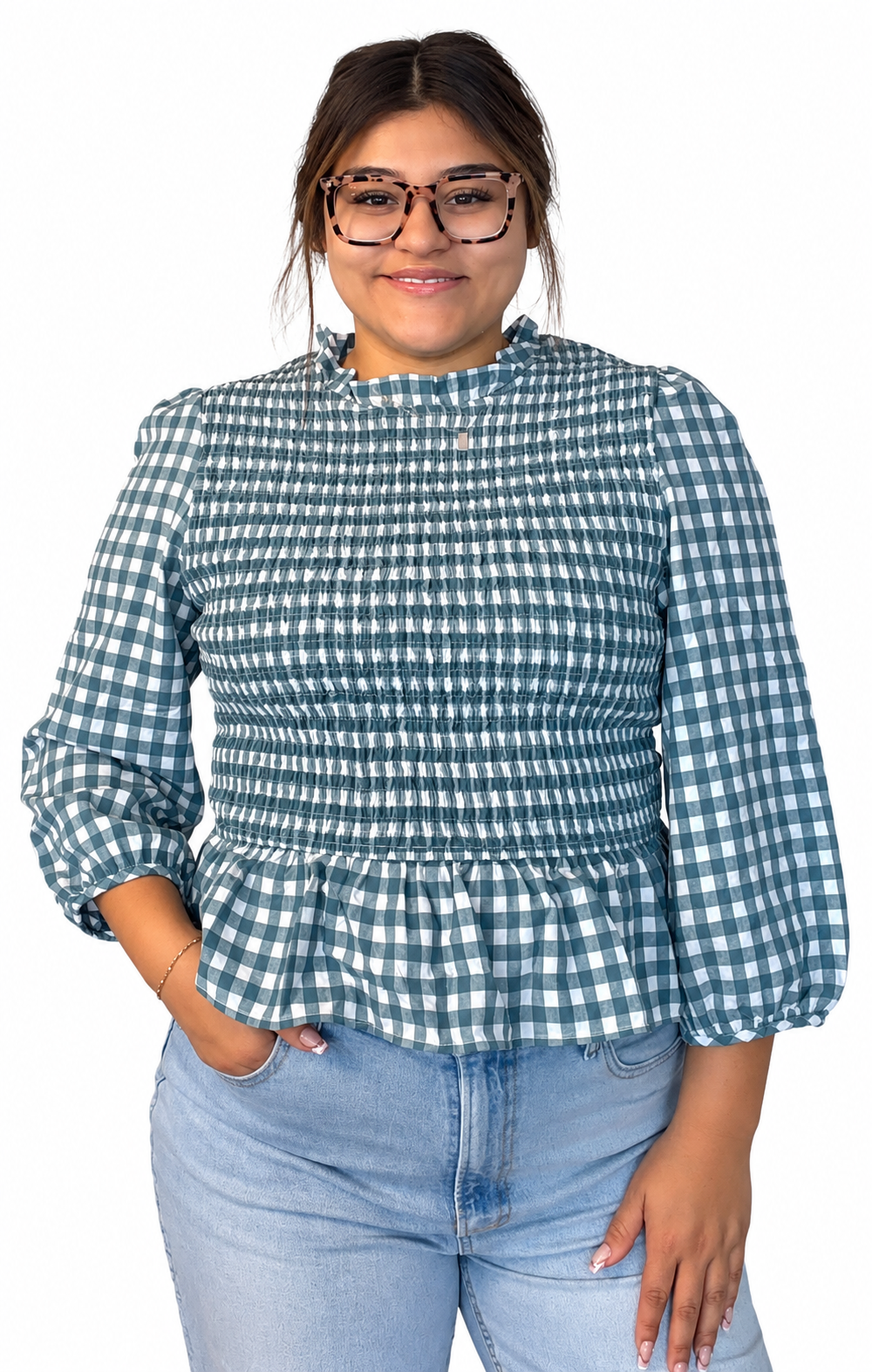 Green 3/4 sleeve plaid peplum top