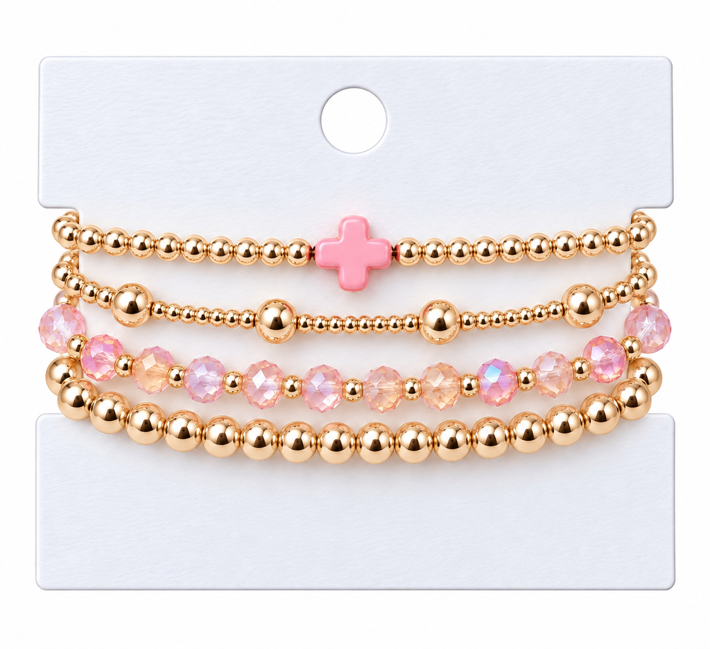 Pink Cross charm beaded bracelet set