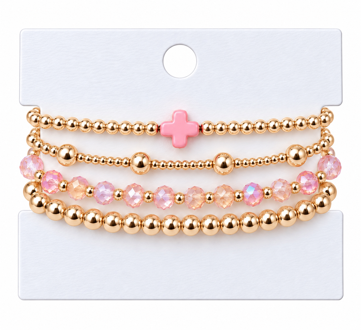 Pink Cross charm beaded bracelet set