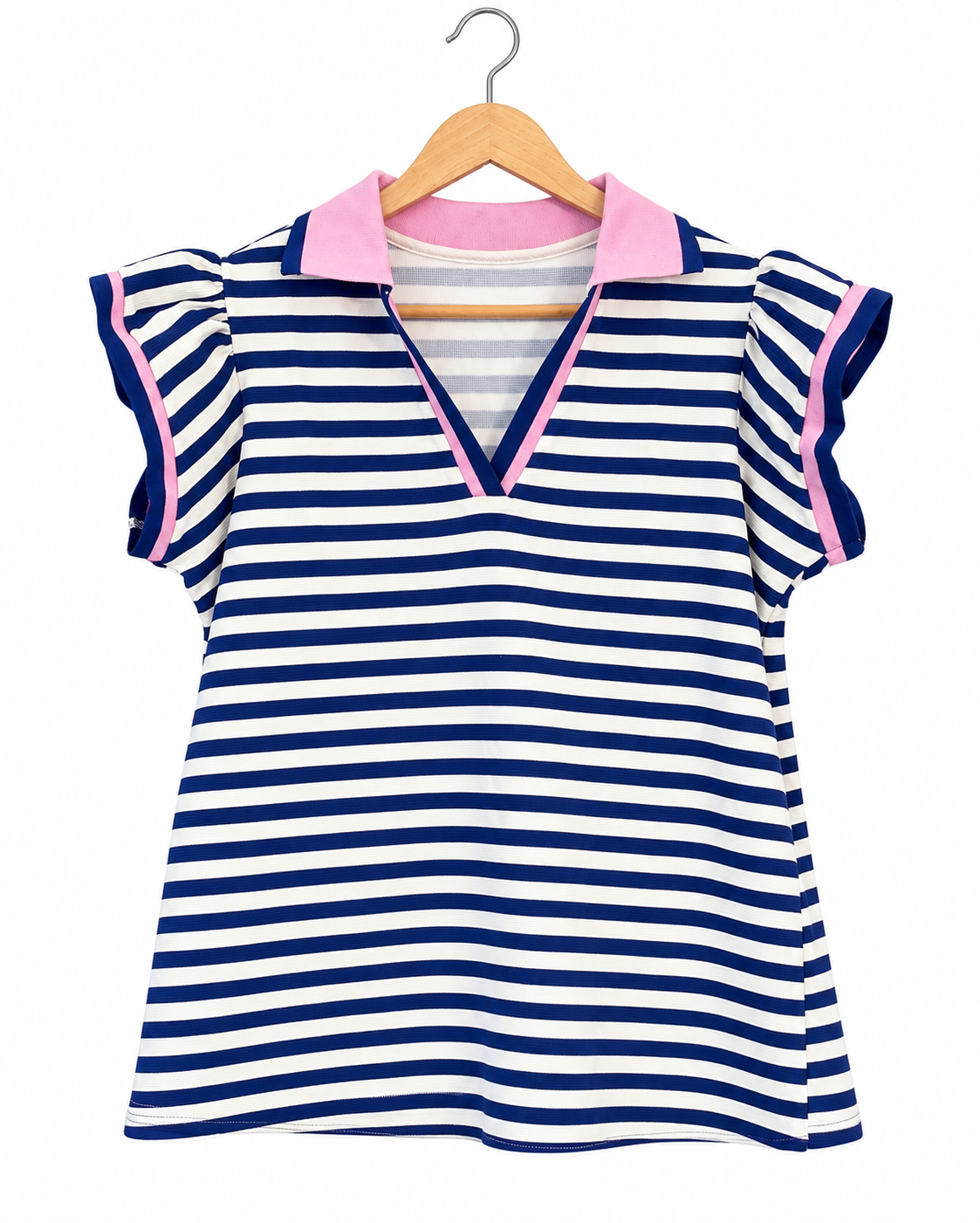 Blue striped polo collar ruffled short sleeve blouse