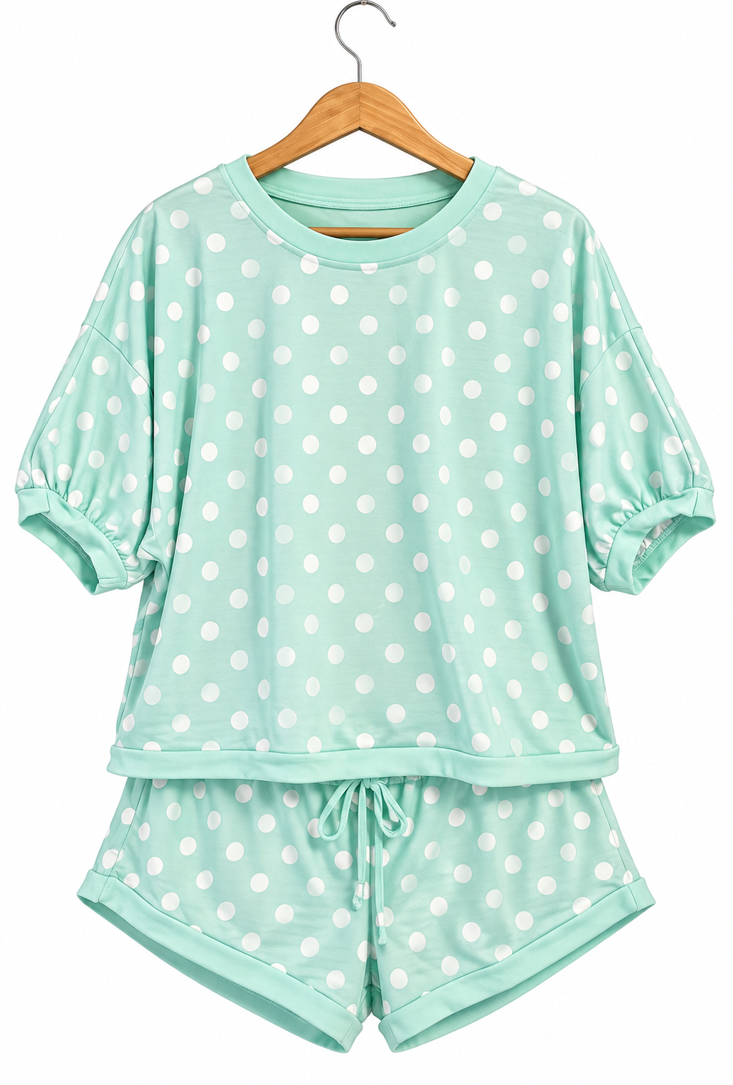 Green polka dot oversized top drawstring short set