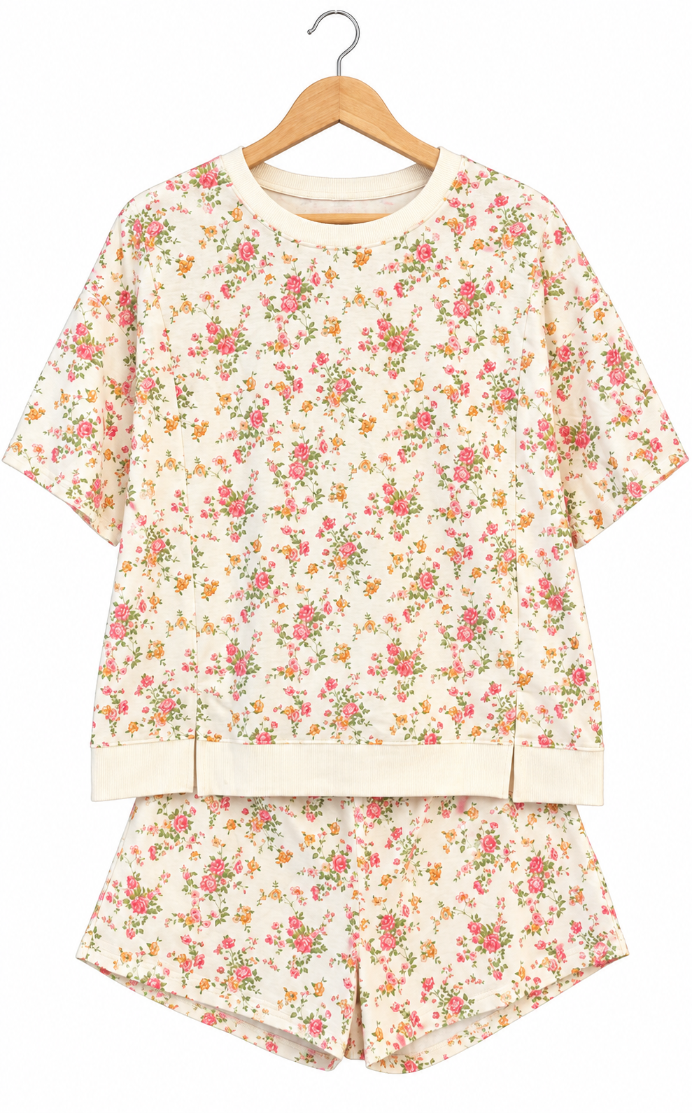 Pink floral print short sleeve elastic waist pocket 2pc set