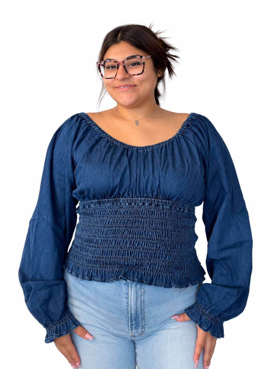 Smocked ruffled puff sleeve V neck Denim blouse