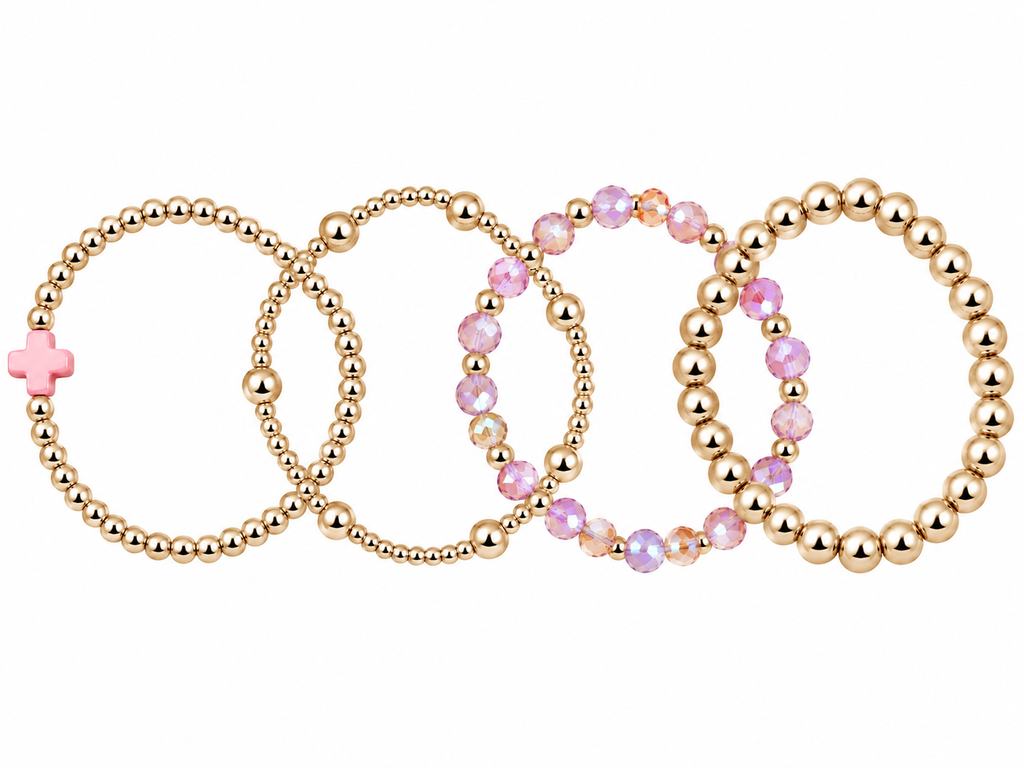 Pink Cross charm beaded bracelet set