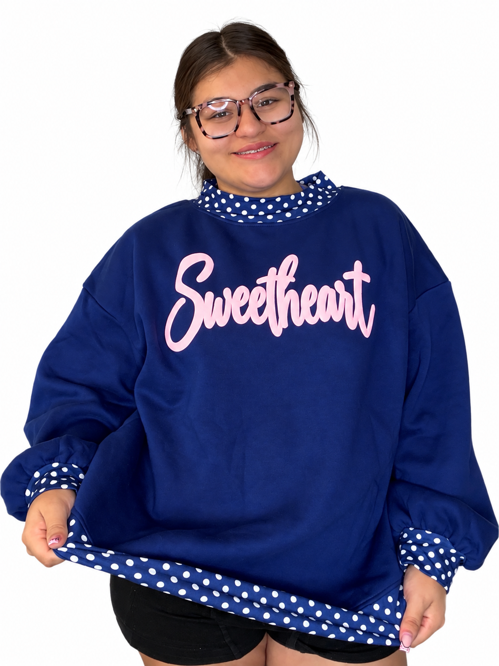 Dark blue “SWEETHEART” with light pink puff vinyl mock neck sweater