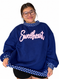 Dark blue “SWEETHEART” with light pink puff vinyl mock neck sweater