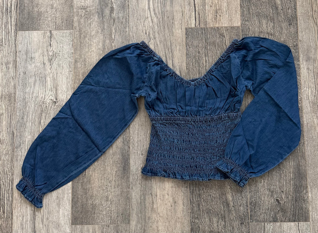 Smocked ruffled puff sleeve V neck Denim blouse