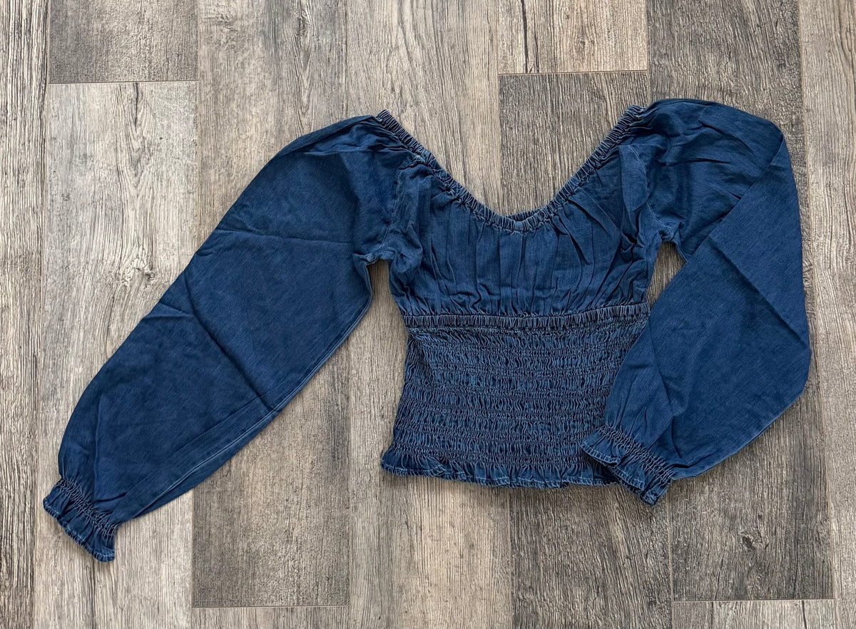 Smocked ruffled puff sleeve V neck Denim blouse