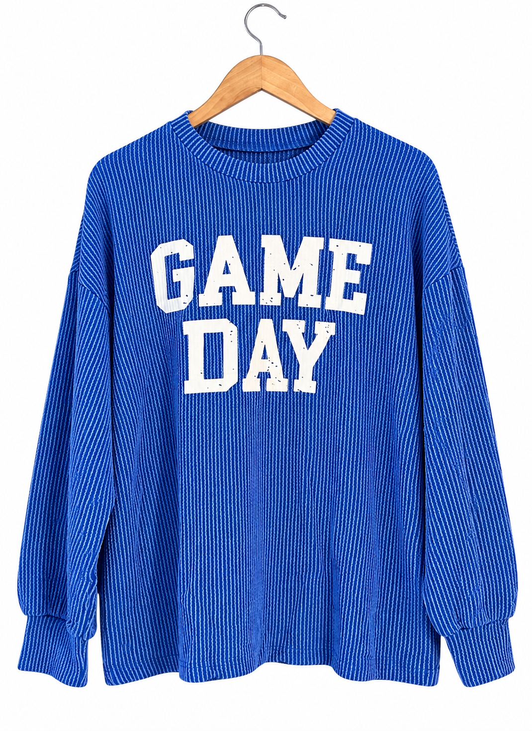Bluing corded GAME DAY graphic long sleeve crew neck top