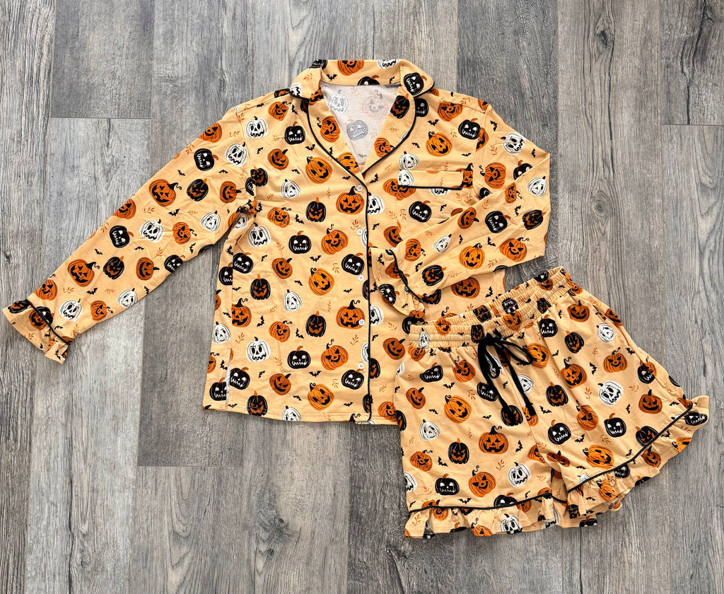 Orange long sleeve ruffle pumpkin face print Two piece lounge set