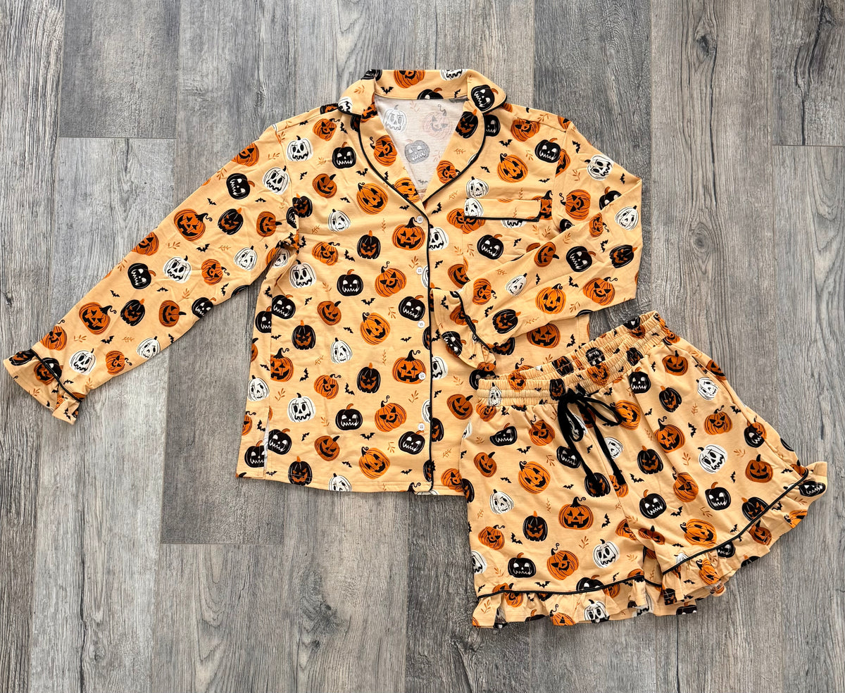Orange long sleeve ruffle pumpkin face print Two piece lounge set