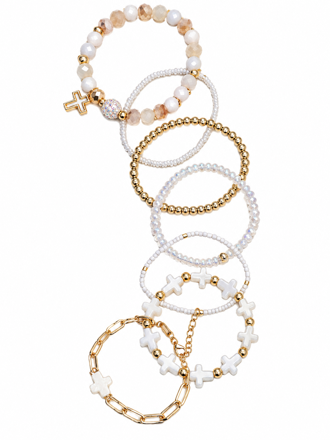 White Cross charm beaded bracelet set
