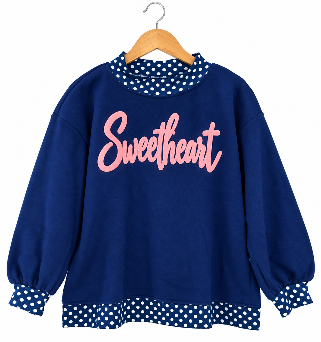 Dark blue “SWEETHEART” with light pink puff vinyl mock neck sweater