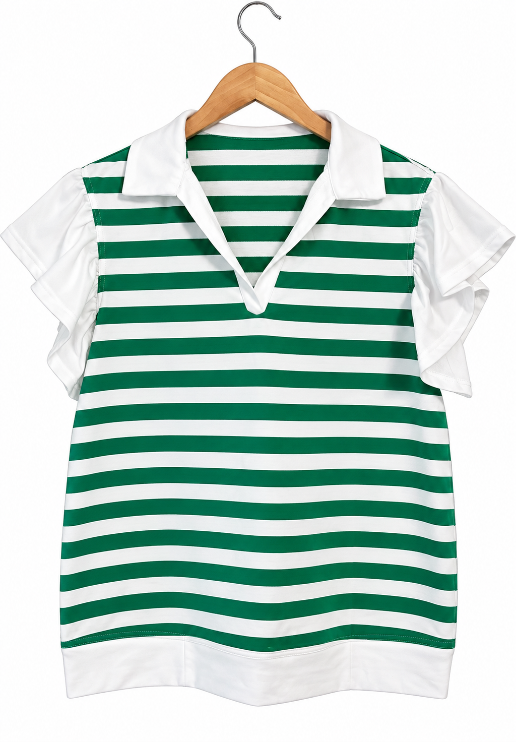Green striped collar V neck ruffled short sleeve top blouse