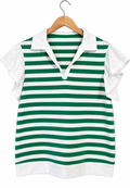 Green striped collar V neck ruffled short sleeve top blouse