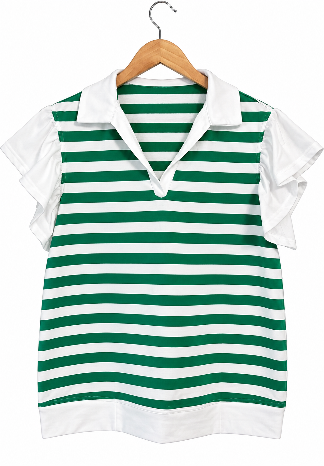 Green striped collar V neck ruffled short sleeve top blouse