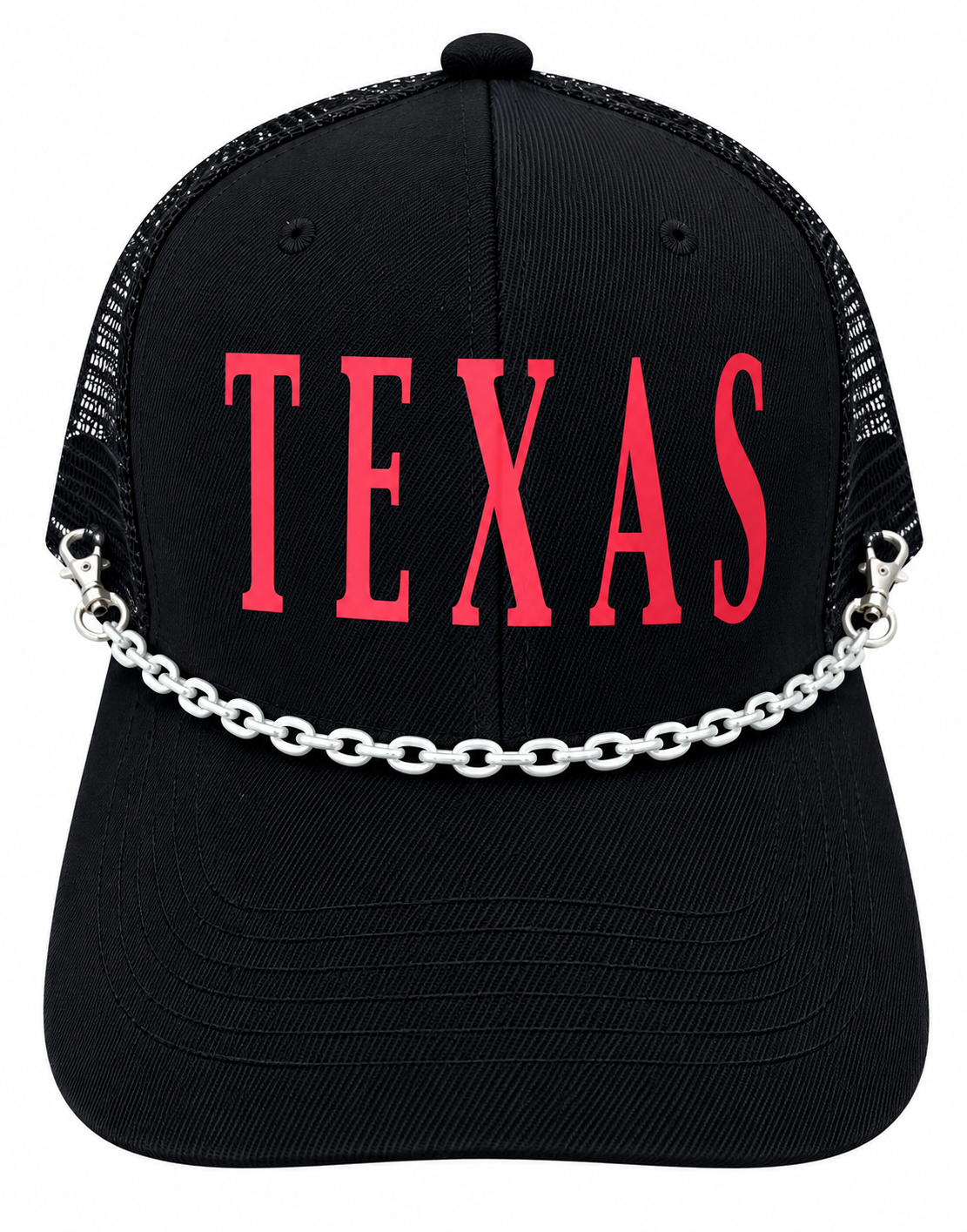“TEXAS” Vinyl letter trucker hat with WHITE plastic chain