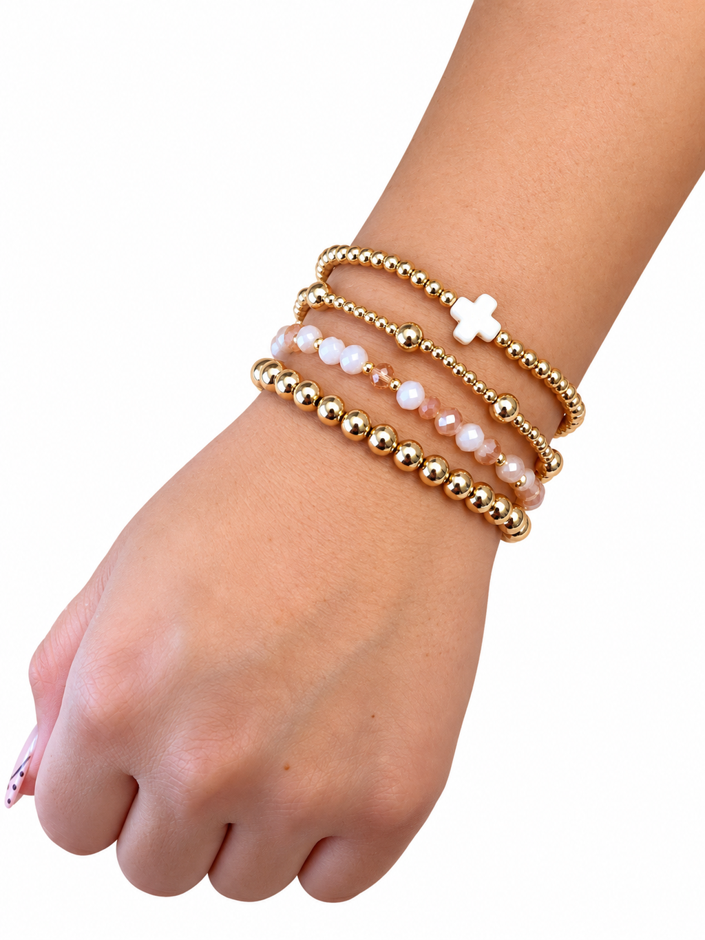 White Cross charm beaded bracelet set