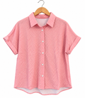 Pink dotted print cuffed short sleeve shirt