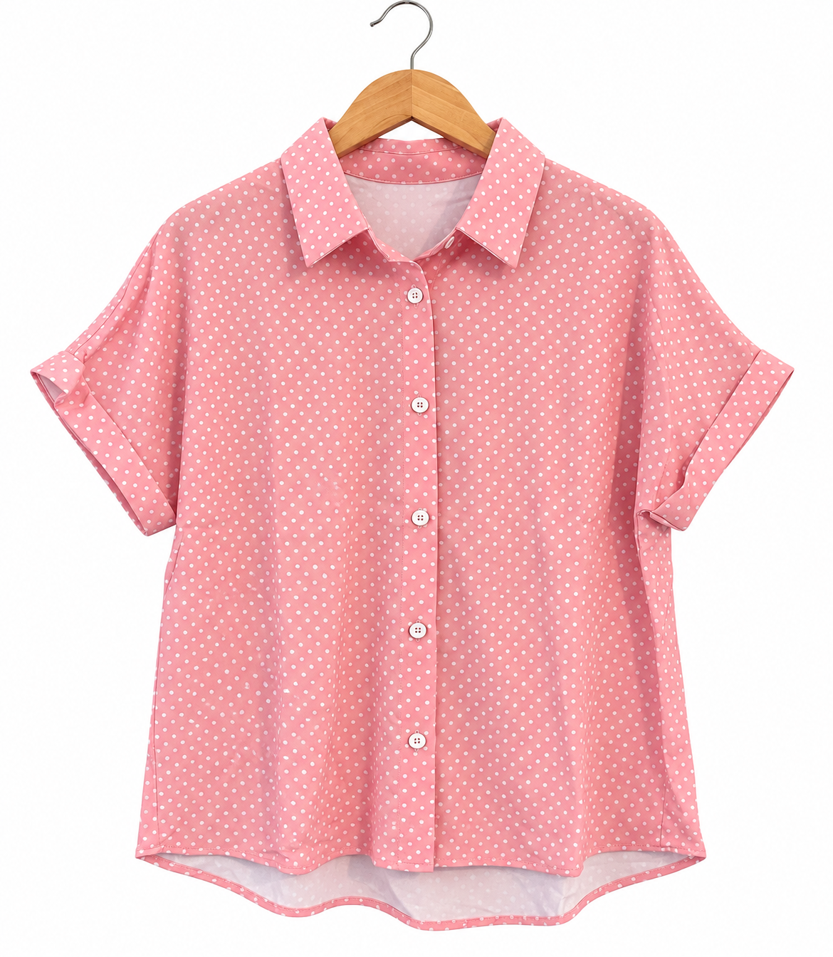 Pink dotted print cuffed short sleeve shirt