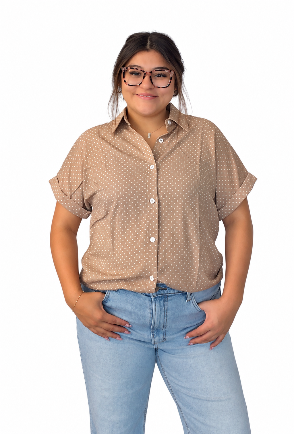 Khaki dotted print cuffed short sleeve shirt