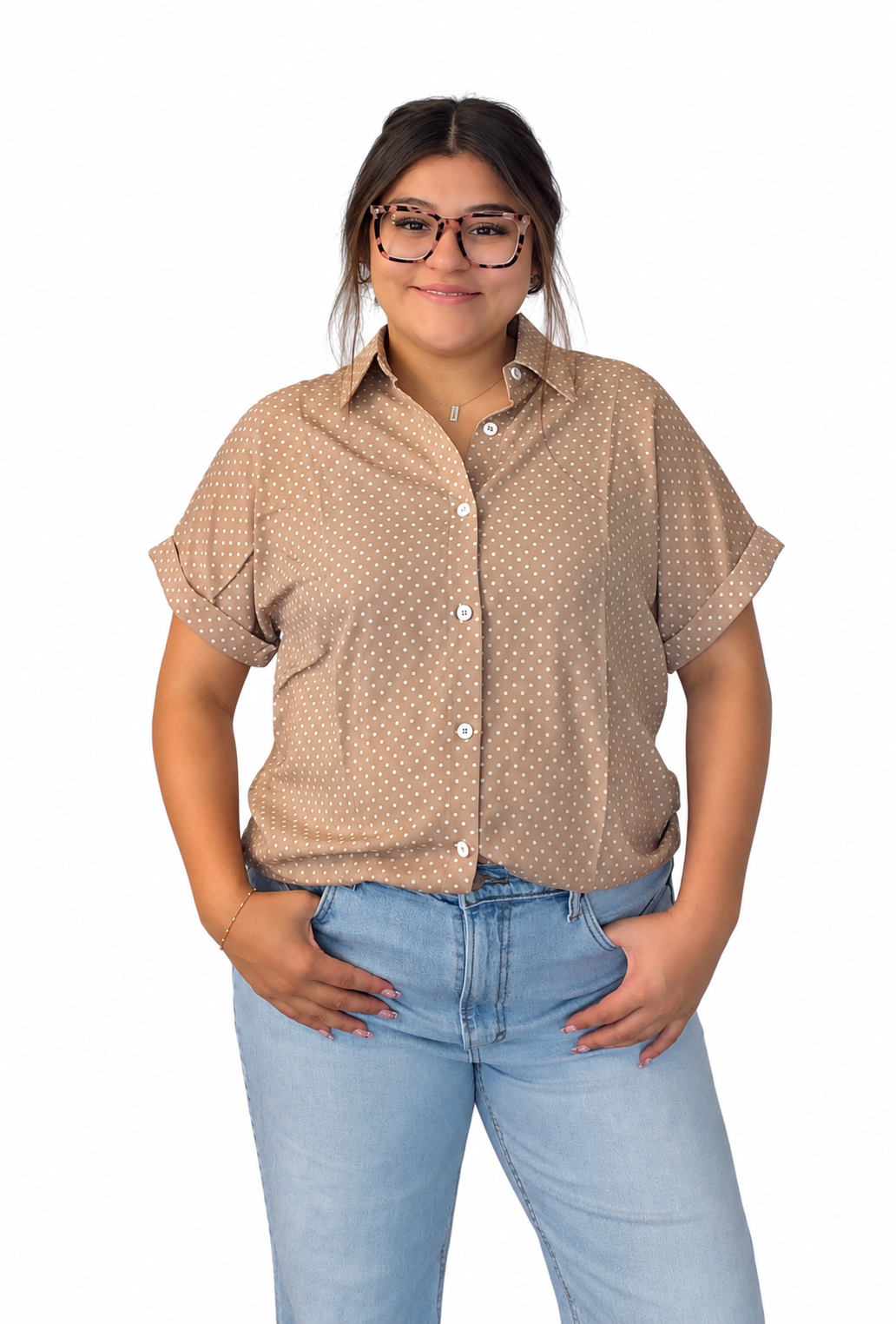 Khaki dotted print cuffed short sleeve shirt