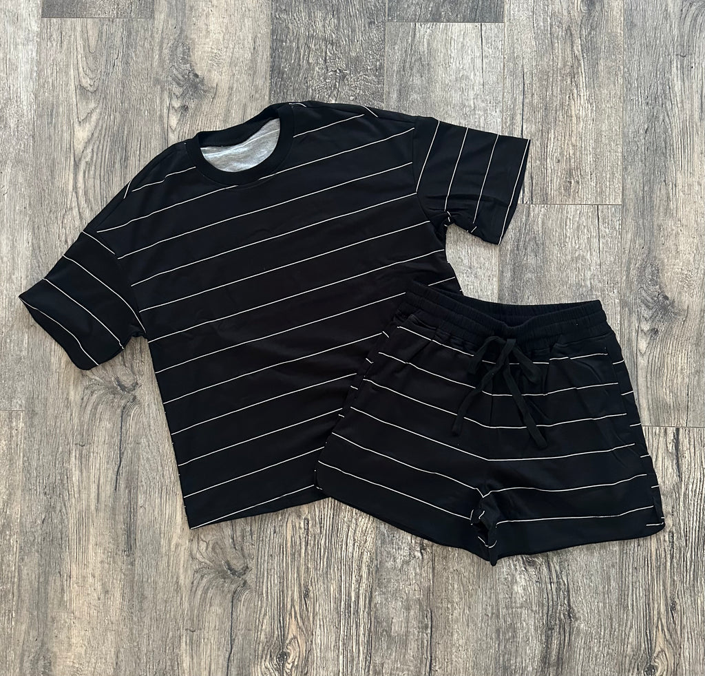 Black stripe half sleeve tee drawstring shorts 2pcs set