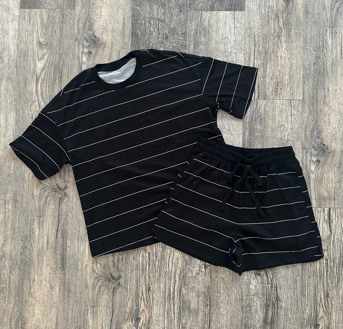 Black stripe half sleeve tee drawstring shorts 2pcs set