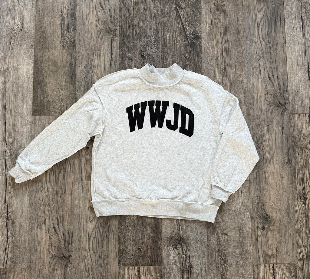 Light gray “WWJD” black glitter puff vinyl oversize drop shoulder mock neck sweater