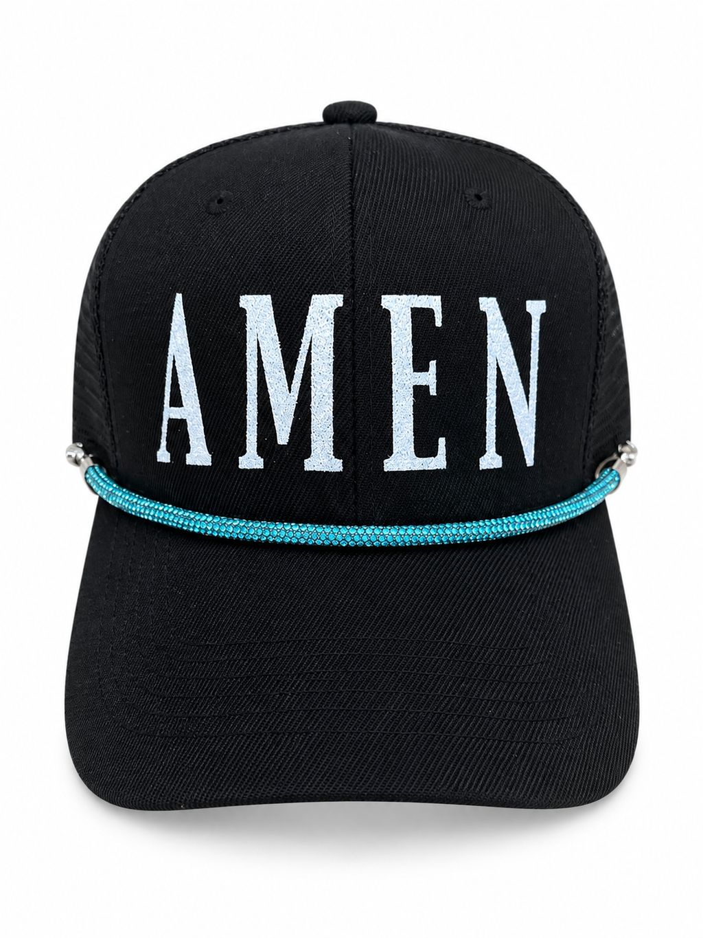 “AMEN” glitter vinyl letter mesh trucker hat with rhinestone rope