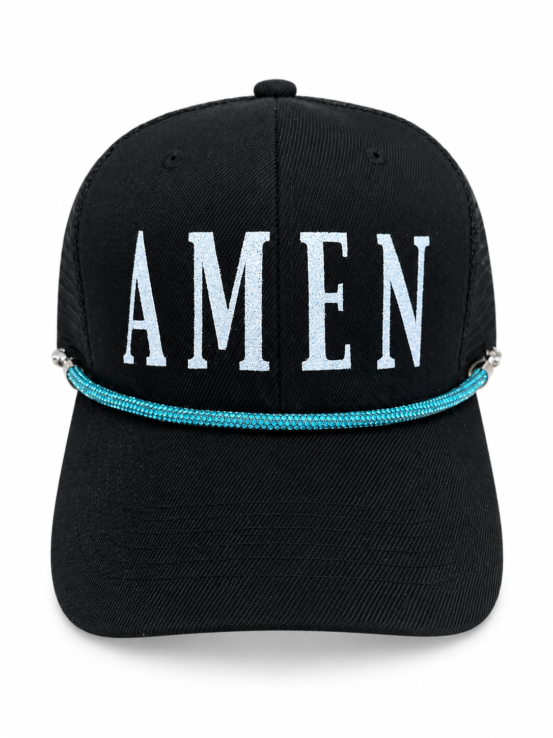 “AMEN” glitter vinyl letter mesh trucker hat with rhinestone rope