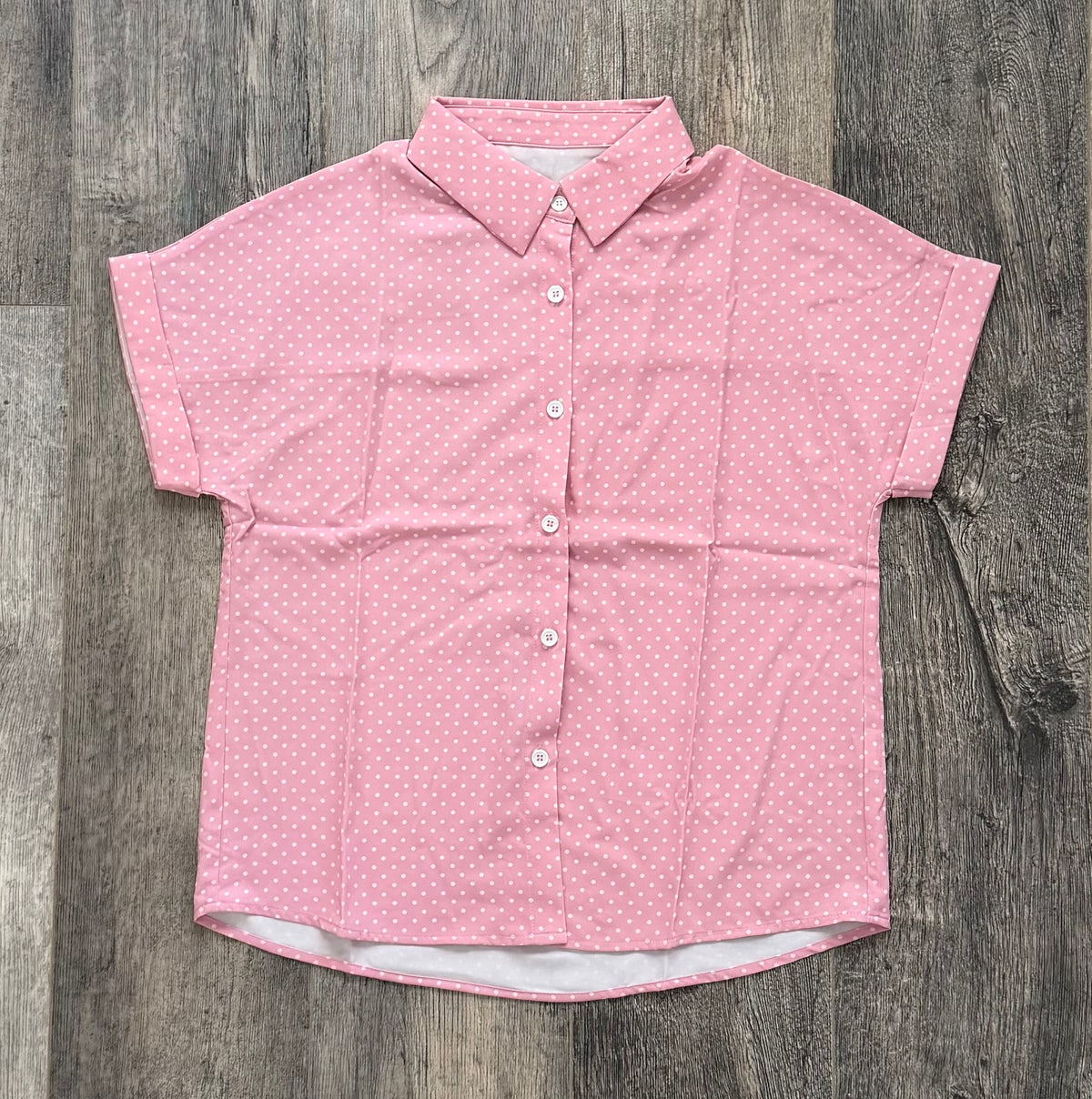 Pink dotted print cuffed short sleeve shirt
