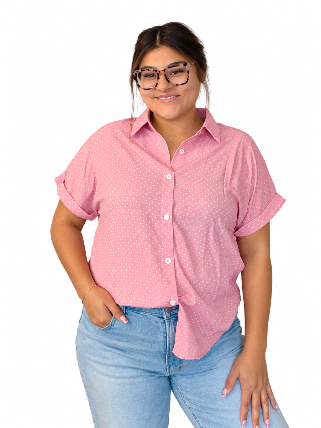 Pink dotted print cuffed short sleeve shirt